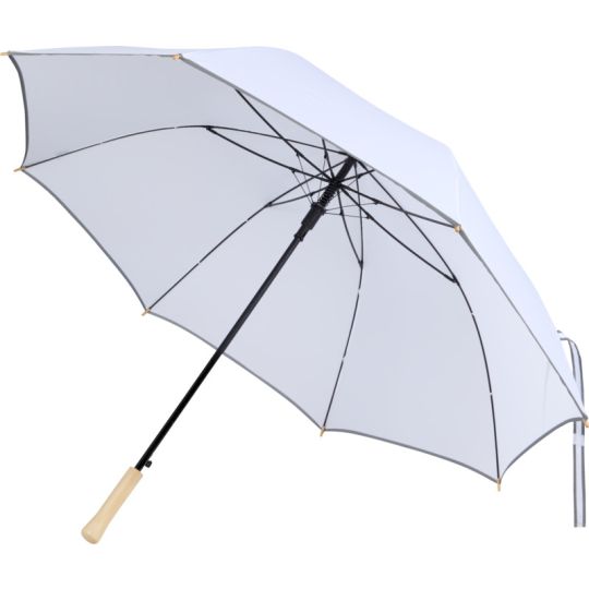 Parapluie golf personnalisé blanc ouvert avec liseré réfléchissant gris et poignée claire à bouton automatique