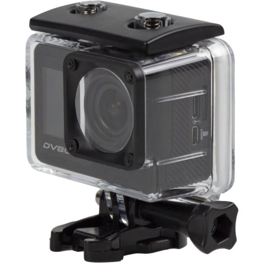 Caméra d'action personnalisée Prixton DV800 noire dans son caisson étanche transparent sur support