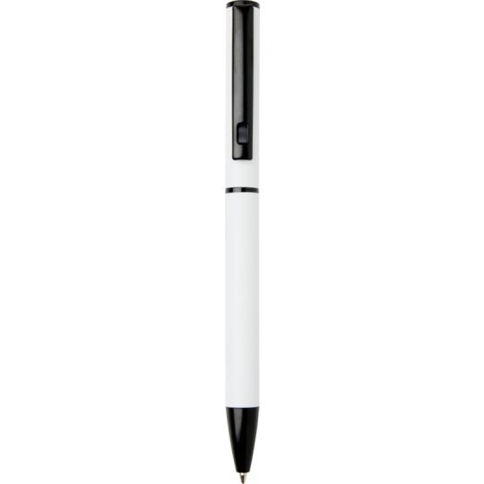 Stylo aluminium personnalisable Verton au corps blanc laqué, clip, anneau central et embout noirs, vu de face