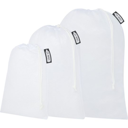 Lot de 3 sacs à légumes personnalisés ROB blancs en maille de PET recyclé, trois tailles avec cordon de serrage