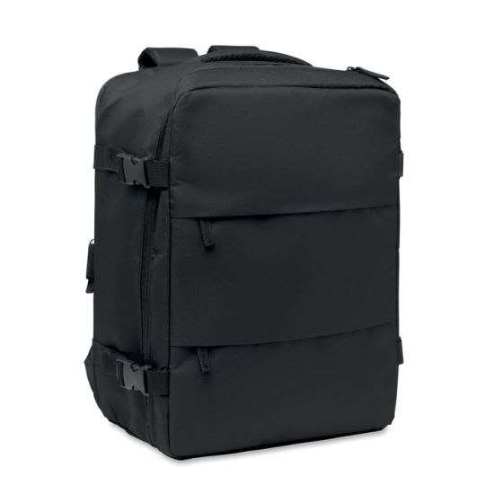 Sac à dos cabine ASPEN noir en RPET 600D avec deux poches frontales zippées et sangles de compression latérales