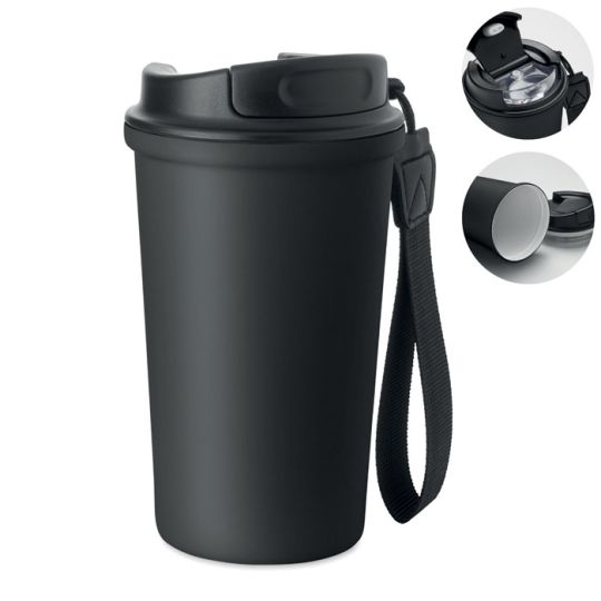 Mug isotherme personnalisé NAKANO noir mat avec couvercle anti-fuite, dragonne et intérieur céramique blanc
