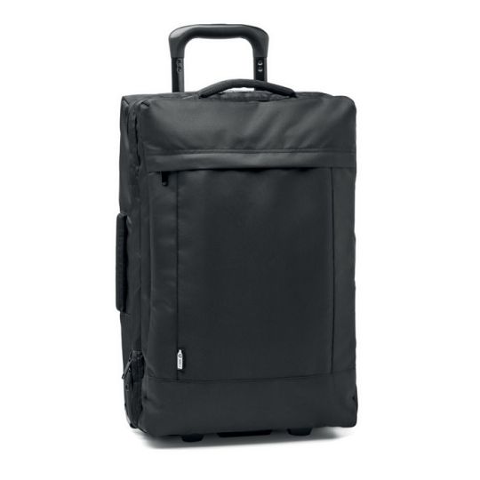 Valise trolley personnalisée noire en RPET 600D avec poignée télescopique, poche avant zippée et deux roues