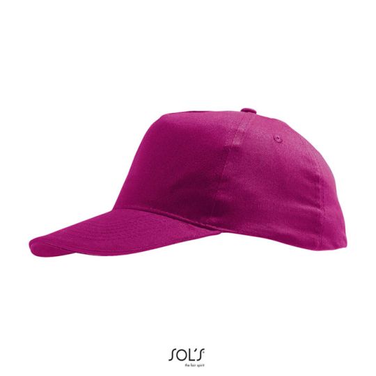 Casquette enfant 5 panneaux SUNNY KIDS fuchsia en coton brossé, visière préformée vue de profil sur fond blanc
