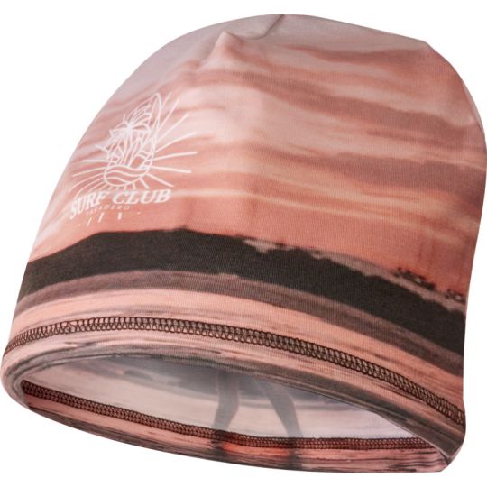 Bonnet recyclé personnalisé Elian sublimé d'un ciel de crépuscule saumon et corail avec petit logo blanc
