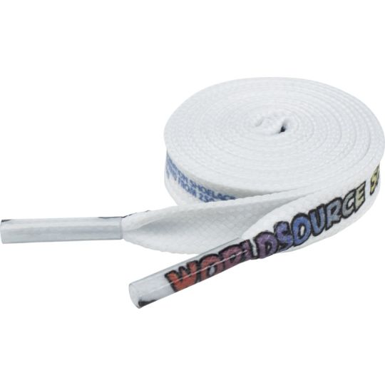 Lacets personnalisés plats blancs enroulés, imprimés en sublimation d'un texte multicolore, embouts transparents