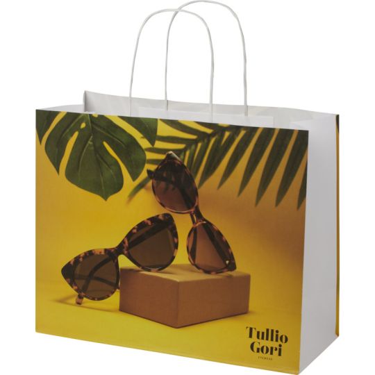 Sac kraft personnalisé blanc au format paysage avec poignées torsadées et impression jaune de lunettes