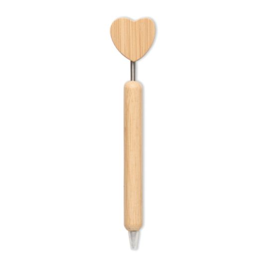 Stylo bambou publicitaire CORAPEN à tête en forme de cœur en bois et corps en bambou naturel, vue verticale