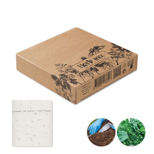 Ruban de graines personnalisé dans sa boîte kraft illustrée, avec herbes aromatiques et semis en terre