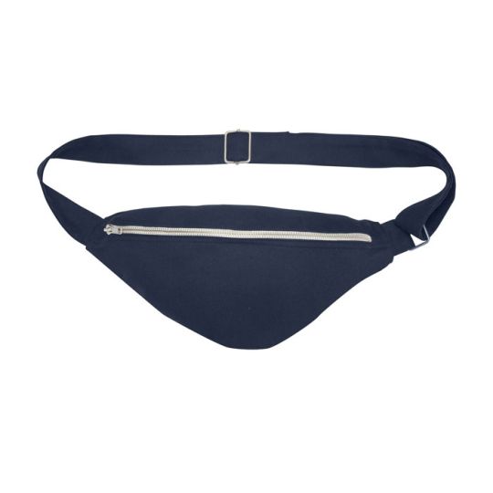 Sac banane personnalisé bleu marine en coton recyclé avec zip métal et ceinture réglable à boucle