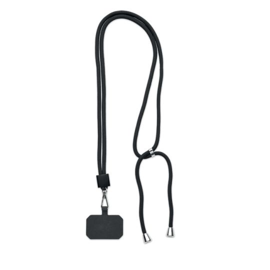 Lanyard téléphone personnalisé NONETTE en cordon RPET noir avec coulisseau métallique et languette pour coque