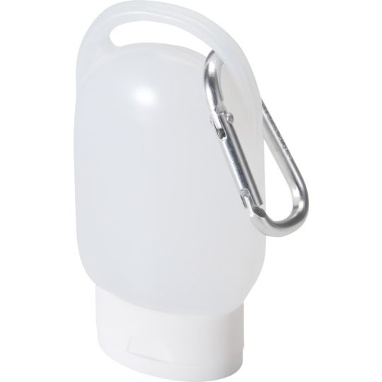 Gel nettoyant mains personnalisable Squeeky en flacon givré blanc avec mousqueton argenté