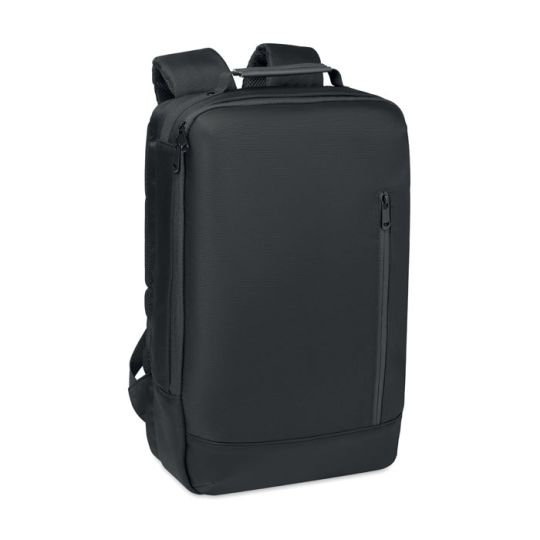 Sac à dos ordinateur personnalisé BOSTON noir en jacquard avec poche frontale zippée verticale et poignée de portage