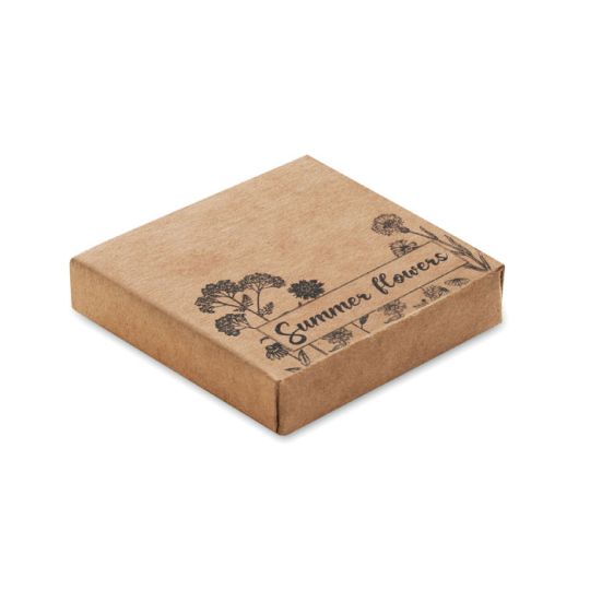 Boîte en carton kraft illustrée Summer flowers contenant un disque de graines de fleurs publicitaires à semer