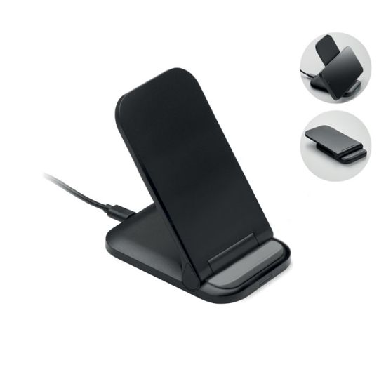 Chargeur sans fil pliable POWERFOLD noir en ABS déplié en support, avec câble USB-C et aperçus en position à plat
