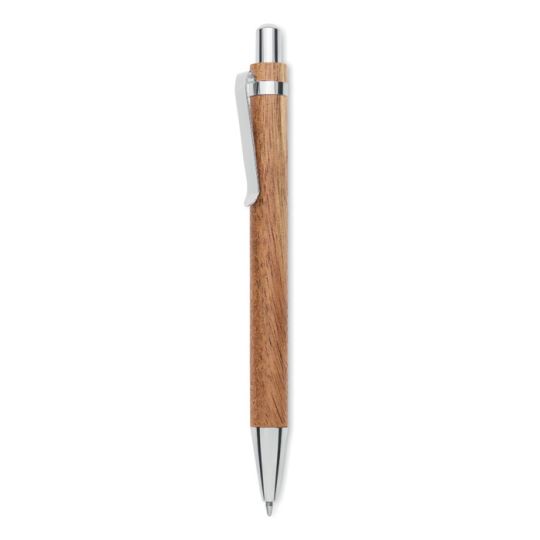 Stylo en bois d'acacia JAKARTA à poussoir avec clip et embouts chromés brillants, présenté à la verticale