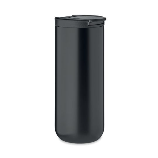 Mug isotherme personnalisé noir 330 ml à double paroi avec couvercle plat, vue de face sur fond blanc