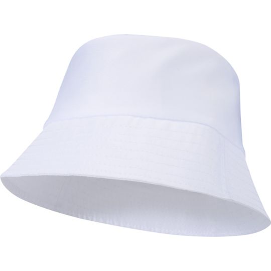 Bob personnalisé blanc en polyester 130 g/m² avec bord surpiqué, vu de trois quarts sur fond blanc