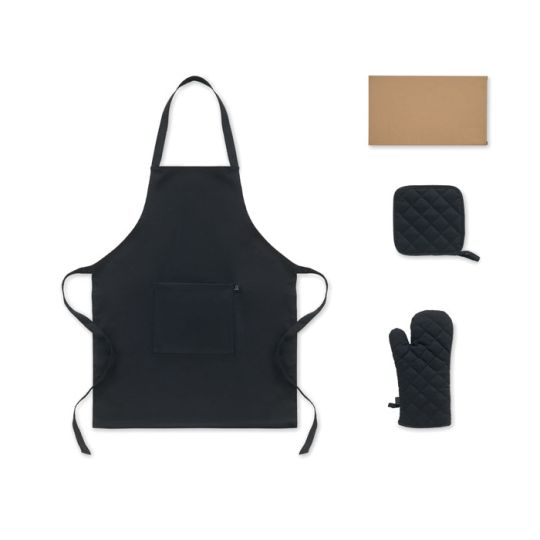 Coffret tablier de cuisine personnalisé GALA SET noir avec manique et gant matelassés et boîte en kraft
