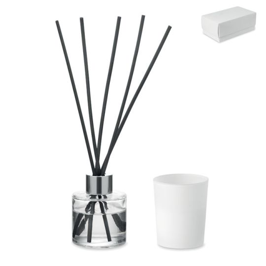 Diffuseur de parfum personnalisé KALOMA SET en verre avec bâtonnets noirs, bougie blanche et boîte de présentation