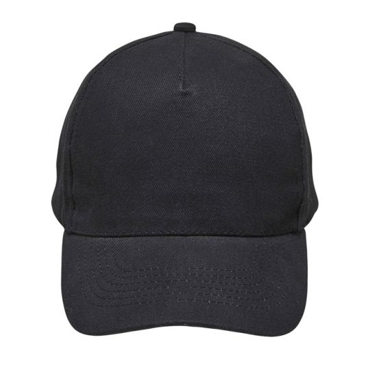 Casquette LONGCHAMP noire 5 panneaux en coton twill, visière surpiquée vue de face sur fond blanc