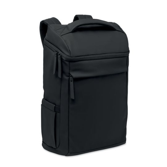 Sac à dos ordinateur personnalisable BOULDER noir en PU lisse avec poche avant zippée et poignée, vue de trois quarts