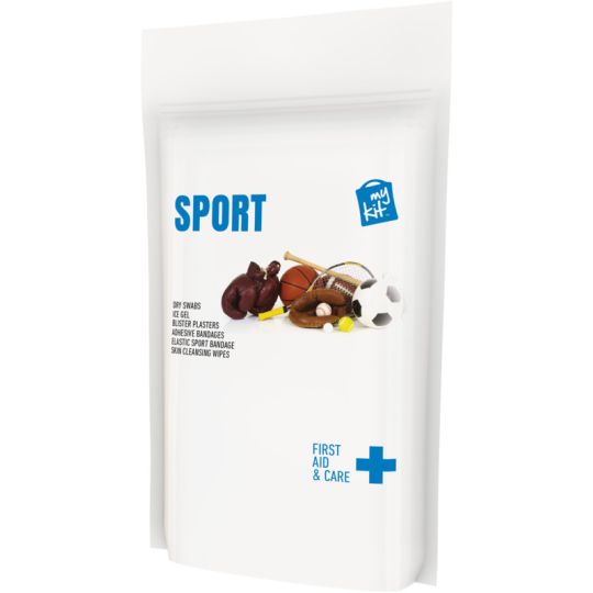 Kit premiers secours sport personnalisé en pochette papier blanche avec étiquette Sport et ballons, vue de face