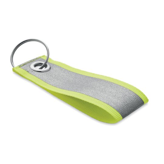 Porte-clés réfléchissant personnalisé en polyester jaune fluo avec bande argentée et anneau métallique