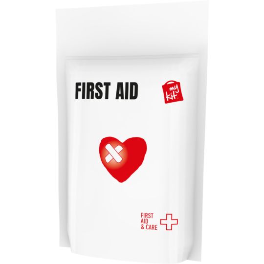 Mini kit premiers secours personnalisé en pochette papier blanche avec cœur rouge et logo sur la face avant