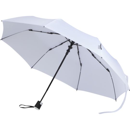 Parapluie pliable publicitaire blanc ouvert avec toile RPET, baleines noires et poignée gainée à dragonne