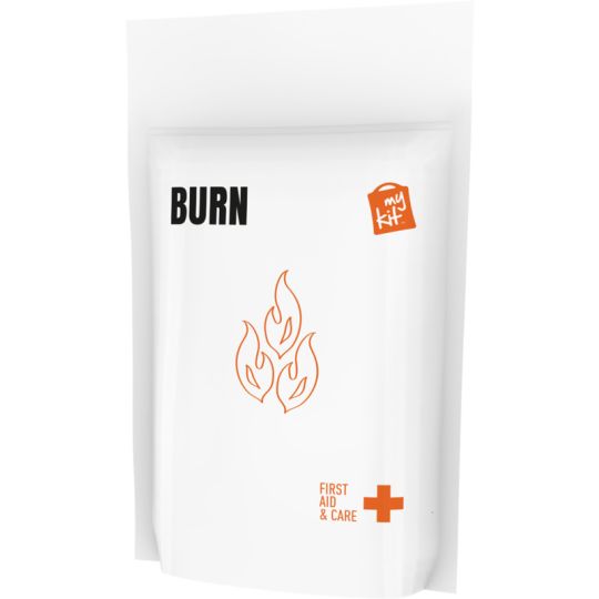 Kit brûlure personnalisé MiniKit en pochette papier blanche imprimée BURN, flammes et croix orange