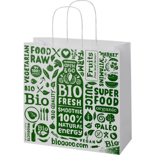 Sac kraft publicitaire blanc carré avec poignées torsadées et motif typographique imprimé en vert