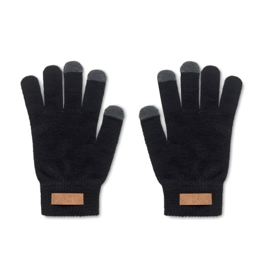 Gants tactiles personnalisés noirs en RPET avec bouts de doigts gris conducteurs et étiquette en liège au poignet