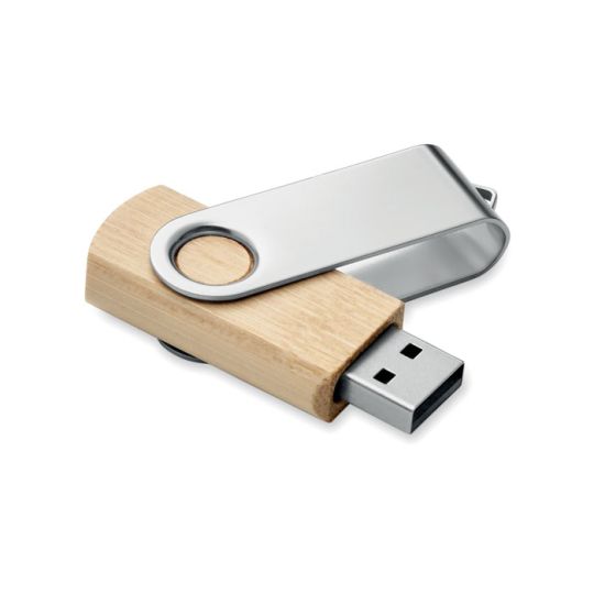 Clé USB bambou personnalisée 16 Go à corps en bois clair et capot pivotant en métal argenté ouvert sur le connecteur