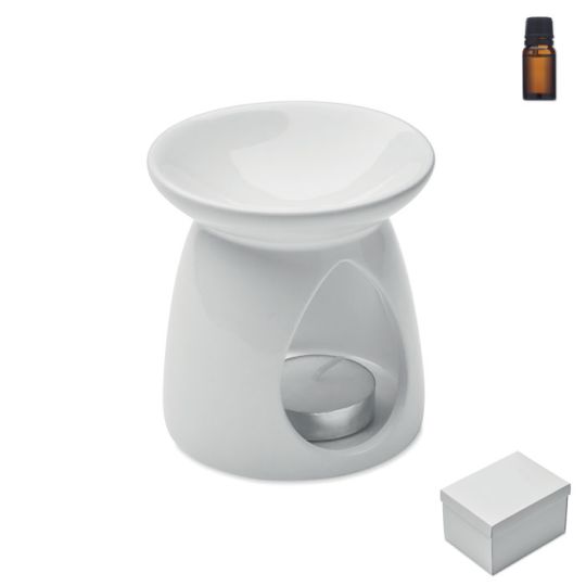 Brûle-parfum personnalisé SAGRADA en céramique blanche avec bougie chauffe-plat, flacon de vanille et boîte