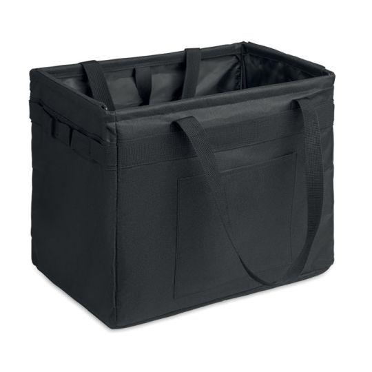 Panier pliable personnalisé noir en RPET 600D ouvert, avec anses, poignées latérales et bords renforcés