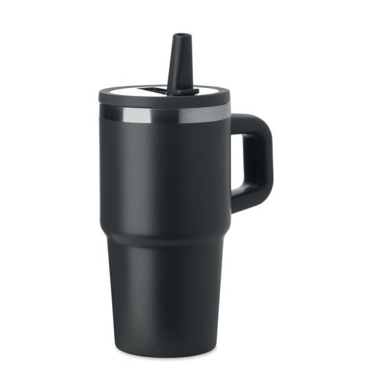 Mug isotherme personnalisé ALAND noir mat en inox recyclé avec anse, couvercle à paille et liseré métallisé