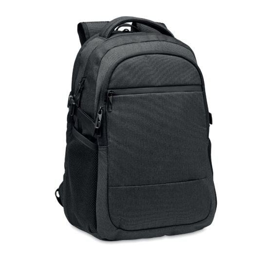 Sac à dos ordinateur publicitaire noir en RPET 600D avec trois compartiments zippés, sangles latérales et poche filet