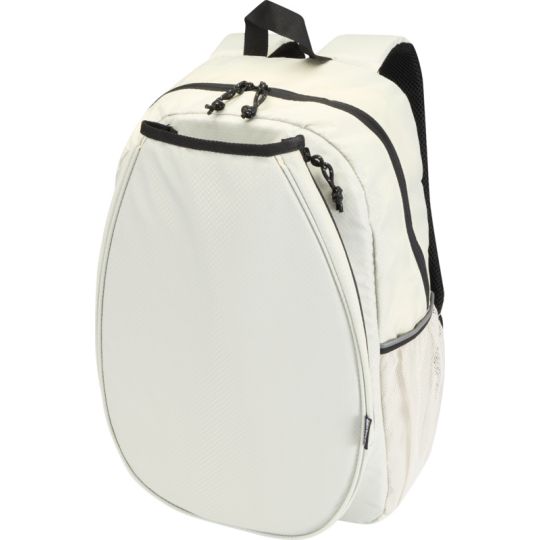 Sac à dos padel personnalisé coloris grès avec compartiment raquette arrondi, zips noirs et poche en filet