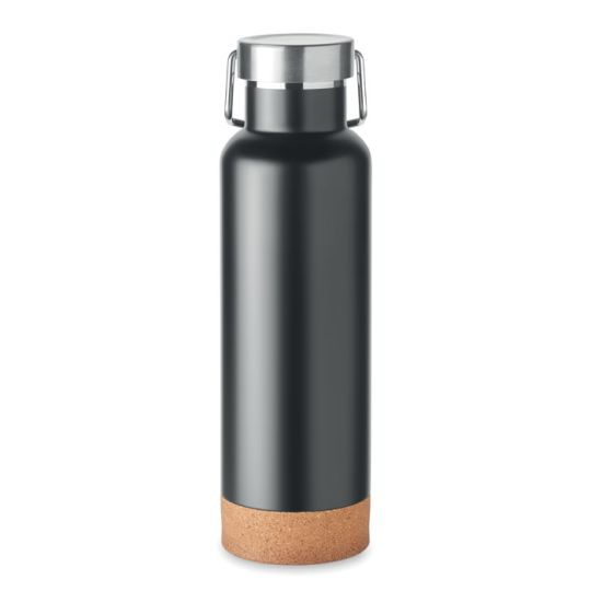 Bouteille isotherme personnalisée noire 500 ml en inox double paroi avec bouchon à anse et base en liège