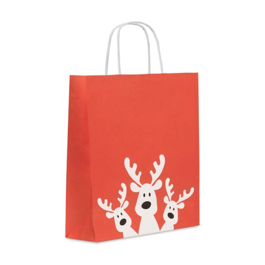 Sac cadeau publicitaire Noël format moyen rouge corail avec trois rennes blancs stylisés, anses papier blanc, emballage personnalisable