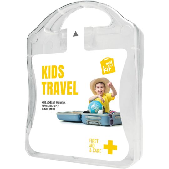 Kit de voyage enfant personnalisable MyKit en boîtier transparent à poignée, visuel Kids Travel jaune