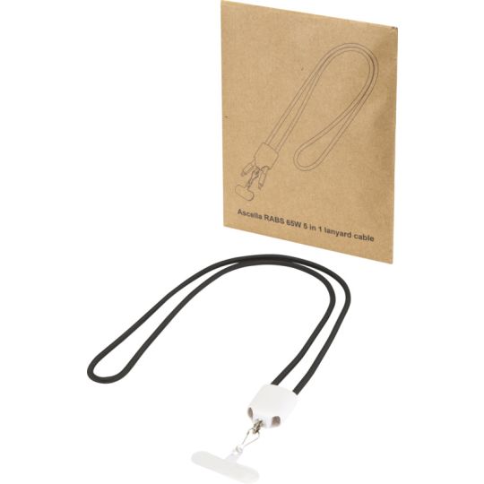 Câble lanyard 5 en 1 Ion à cordon noir, embout blanc et attache plate, présenté avec sa pochette kraft illustrée