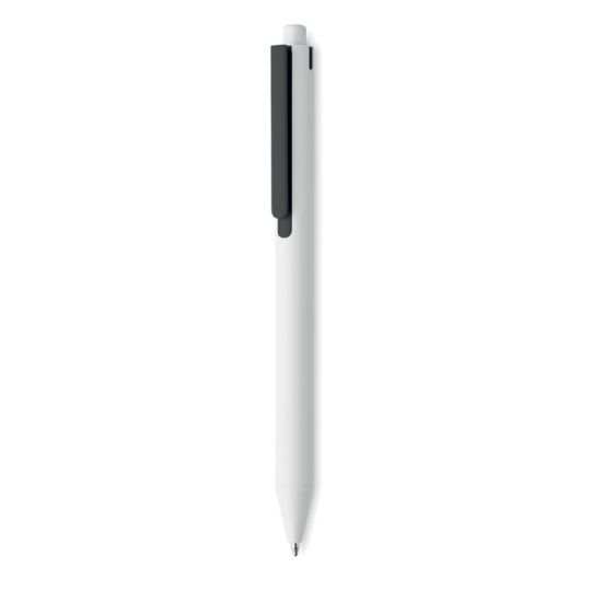 Stylo bille en ABS recyclé blanc avec clip noir et bouton poussoir, vue de profil sur fond blanc