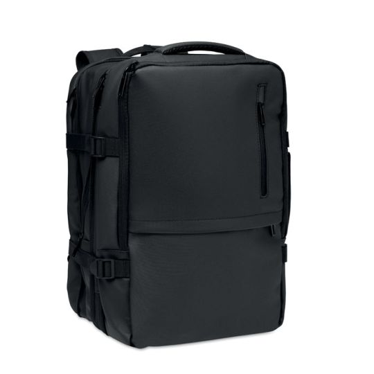 Sac à dos ordinateur personnalisé noir XJUST en RPET vu de trois quarts avec poignée, poches zippées et sangles