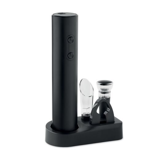Tire-bouchon électrique personnalisé VINO SET noir sur son socle avec bec verseur, bouchon et coupe-capsule