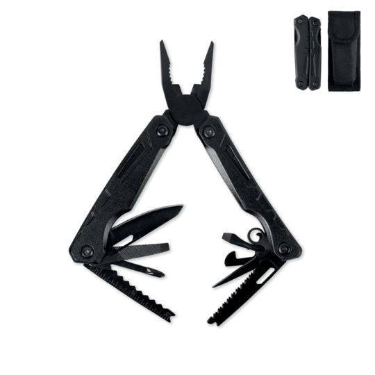 Pince multifonction BLAQUIN noire 13 en 1 dépliée avec pinces, lame et outils, et sa pochette en polyester noire