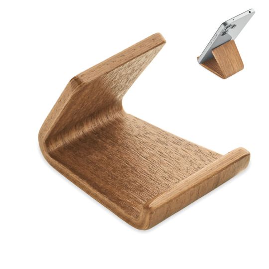 Support téléphone publicitaire HOLD en bois de noyer à courbe et rebord, avec vue d'un smartphone posé dessus