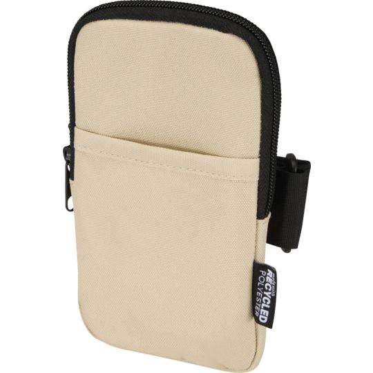 Pochette pour gourde personnalisable BYRON beige avec zip noir, poche avant et sangle de fixation latérale, vue de face