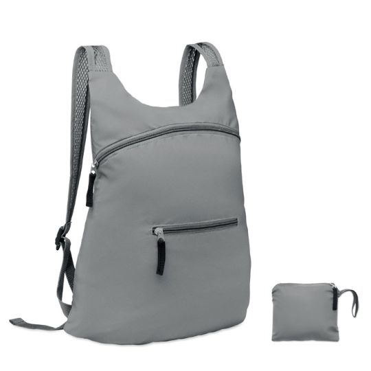 Sac à dos pliable personnalisé argent réfléchissant avec poche zippée, présenté déplié et replié en pochette